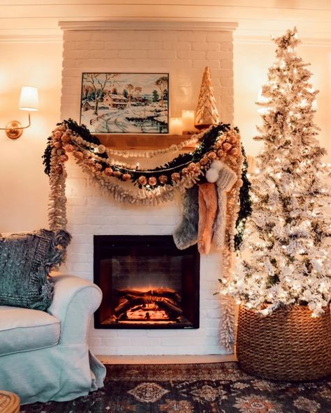 Having a fireplace is a real treat this time of year. This is our third year having a fireplace in this home. When we added this electric fireplace I had visions of swooping garland and stockings hung from the mantle. Vision came true this year. I brought out all my Christmas garland from past years and ended up layering it all here! Narrow Christmas Tree, Nesting With Grace, Hanging Stockings, Christmas Mantle, Christmas Time Is Here, Christmas Inspo, Christmas Fireplace, Boho Christmas, Christmas Mantels