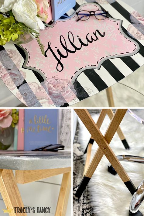 Why have boring TV trays when you can chalk paint them with Dixie Belle chalk mineral paint!? Click over to the blog to see the step-by-step process of this TV tray makeover. Tracey's Fancy Tracey Bellion Folding TV Tray Tween Gift Guide Tween Gift Idea Personalized Gifts DIY Chal Paint Furniture DIY Chalk Paint Colors Black White Pink Black And White Stripes Hand Lettered Design Upcycled Furniture Upcycled TV Tray Tray Table Hand Lettering How To Chalk Paint Furniture Painted Tv Trays, Paint Furniture Diy, Tv Tray Makeover, How To Chalk Paint, Tray Makeover, Folding Tv Trays, Painted End Tables, Whimsical Painted Furniture, Tv Tray