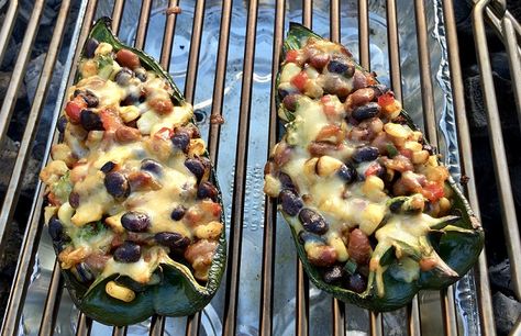 Chiles Rellenos Hit the Grill - Barbecuebible.com Pasilla Peppers, Corn And Quinoa, Vegetarian Chile, Rellenos Recipe, Chile Relleno Recipe, Steven Raichlen, Chili Relleno, Lo Carb Recipes, Poblano Peppers