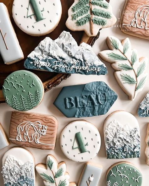 Mountain Cookies Decorated Wedding, Outdoor Themed Cookies, Mountain Cookies Royal Icing, Adventure Cookies Decorated, Cabin Cookies Decorated, Nature Cookies Decorated, Let The Adventure Begin Cookies, Mountain Wedding Cookies, Hexagon Cookies Decorated