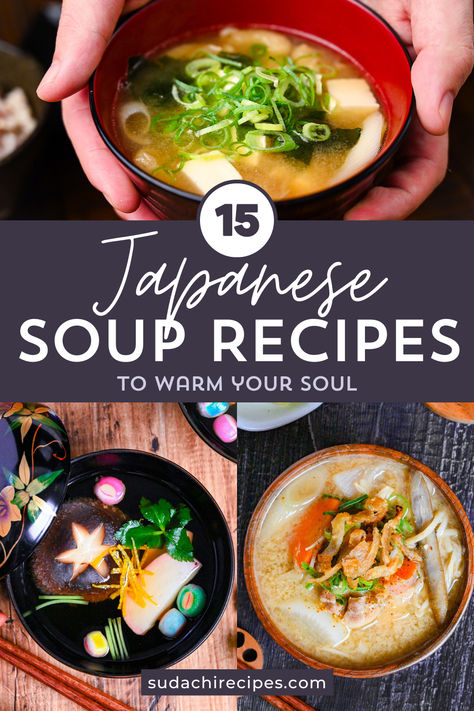 3 pictures of Japanese soups including miso soup, clear soup and chicken miso soup Japanese Soup Recipes, Japanese Soups, Soups To Make, Japanese Miso Soup, Vegetarian Asian, Asian Soup Recipes, Miso Soup Recipe, Breakfast Soup, Japanese Soup