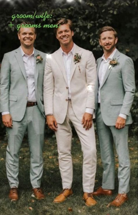 Men Tux Wedding Groom Outfit, Tan Groom With Grey Groomsmen, Beach Wedding Groom Attire Linen Groomsmen Outfits, Garden Wedding Suit Grooms, Light Green Groom Suit, Ivory Groomsmen Attire, Garden Wedding Suits Men, Father Of The Bride Attire Beach Wedding, Groomsmen Attire Pastel Colors