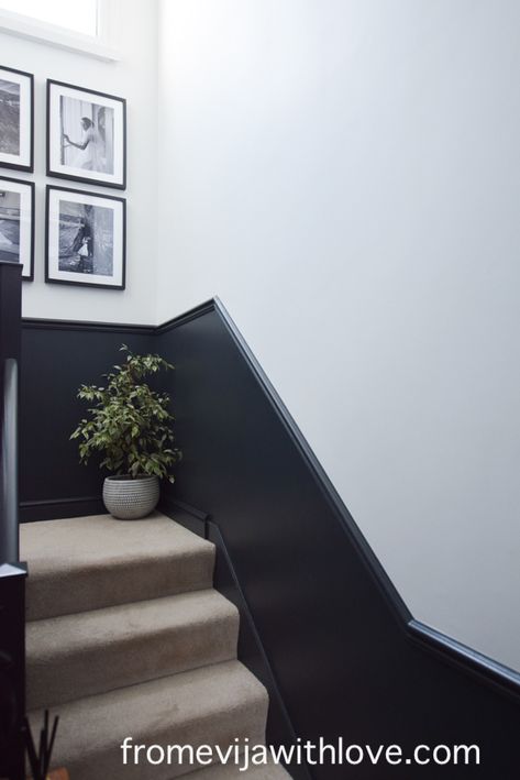 How to Add a Dado Rail to a Wall - From Evija with Love. Farrow & Ball Railings Dado Rail Hallway, Lambriseringen Gang, Hallway Wall Colors, Stair Paneling, Entrance Hall Decor, Victorian Hallway, Hallway Makeover, Hallway Colours, Hallway Inspiration