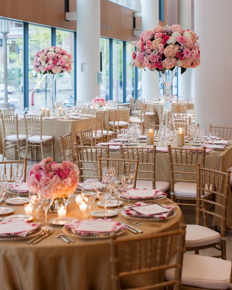 This bride and groom picked a mix of high and low centerpieces in shades of bold pink. The tall centerpieces, made of roses, carnations, hydrangea, stock, and mums, were held in geometric clear vases. Wedding Rustic Centerpieces, Reference Cartoon, Wine Shoes, Tall Wedding Centerpieces, Low Centerpieces, Valentines Inspiration, Elegant Wedding Reception, Tall Centerpieces, Quinceanera Party