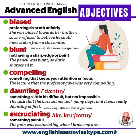 Learn advanced English adjectives and improve your fluency. Advanced English vocabulary words. Click the link to learn more vocabulary English Grammar Adjectives, Advanced English Vocabulary Words, C1 English Vocabulary, Professional English Vocabulary, Advanced English Phrases, C1 English, English Adjectives Advanced, Example Of Adjective Sentence, English Advanced