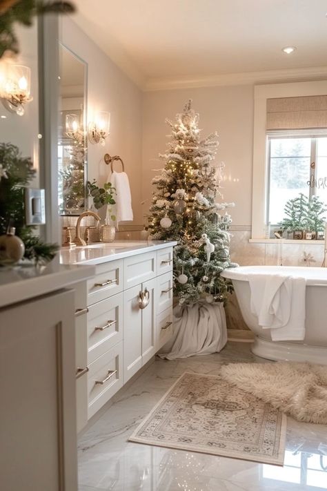 Elegant Christmas Bathroom Decor Ideas for the Holidays Master Bath Christmas Decor, Glam Christmas Decor Ideas, Christmas Bathroom Decor Ideas, Winter Bathroom, Luxury Christmas Decor, Holiday Bathroom, Glam Christmas Decor, Backyard Balcony, Christmas Bathroom Decor