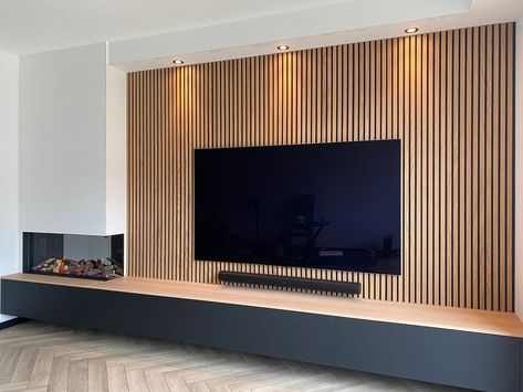 Acoustic Wall Living Room, Tv Snug Room Ideas, Tv Wall Cladding, Recessed Tv Wall, Ikea Tv Wall Unit Ideas, Tv Accent Wall Ideas Mounted Tv, Wall Mounted Tv Ideas, Basement Tv Room, Tv Wall Built In Ideas