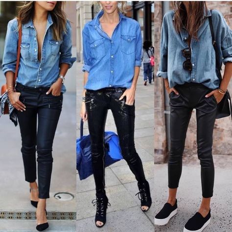 meet_up_style on Instagram: “@ringmyfashion5 ✔” Blue Shirt With Jeans, Leather Leggings Outfit, Women Scientists, Zara Outfit, Fashion Friday, Chambray Top, Fashion Tips For Women, Casual Fall Outfits, Outfits With Leggings