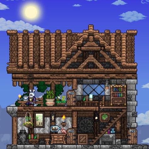 Terraria Mechanic House, Terraria Cottagecore, Terraria Interior, Cool Terraria Houses, House Ideas Terraria, Terraria Pirate House, Terraria Window Design, Cute Terraria Builds, Aesthetic Terraria House