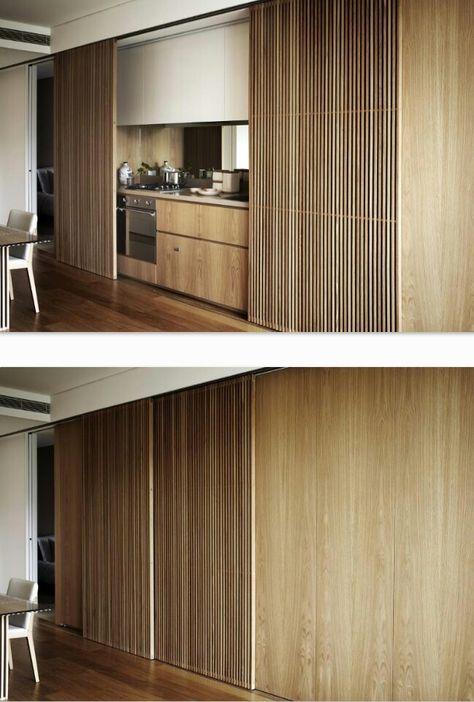 Kitchen Sliding Doors, Hidden Kitchen, 아파트 인테리어, Modern Kitchen Cabinets, Mini Kitchen, Tiny Kitchen, Hallway Ideas, Kitchen Cabinet Design, Kitchen Cupboards