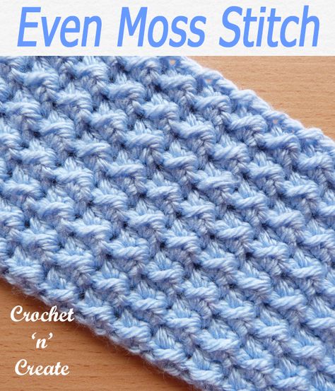 Crochet Stitches - Free Crochet Tutorials-Pictorials on Crochet 'n' Create Moss Crochet Stitch, Even Moss Stitch, Moss Crochet, Crochet Help, Cloth Craft, Crochet Texture, Crochet Stitch Pattern, Crochet Waffle Stitch, Crocheted Stuff