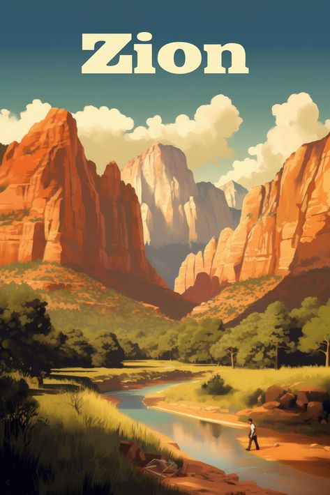 This Zion National Park poster features a vintage travel design that pays tribute to the breathtaking beauty of one of America's most cherished national parks. With its minimalist art style and striking red and orange color palette, this wall art piece evokes the majesty of the desert landscape and the park's awe-inspiring mountains. The fine art print serves as a versatile addition to any living room or bedroom, infusing the space with a sense of adventure and the allure of the American West. National Park Travel Poster, Zion National Park Poster, Zion National Park Art, Mountains Art Painting, National Parks Posters, Vintage National Park Posters, Vintage National Park, Retro Desert, Desert Nature