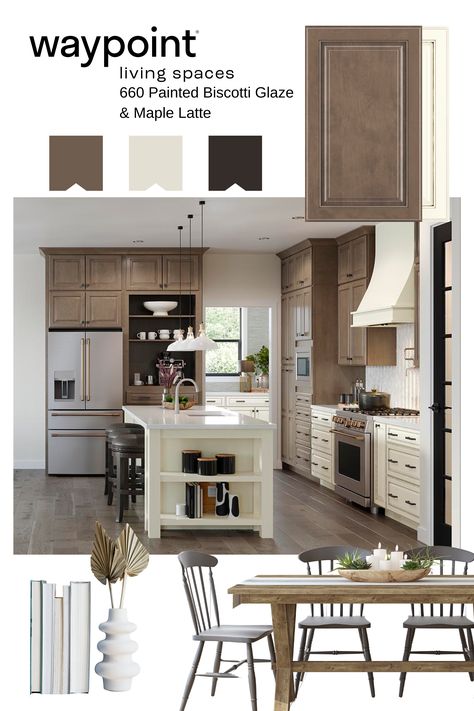 modern rustic kitchen mood board Latte Cabinets Kitchen, Maple Latte Kitchen Cabinets, Latte Kitchen Cabinets, Waypoint Kitchen Cabinets, Waypoint Cabinets, Maple Latte, Home Office Designs, Two Tone Cabinets, Casa Interior