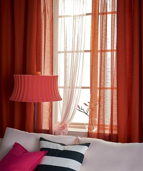 IKEA has lots of living room curtains like MARIAM thick orange curtains in orange. They darken a room and add privacy. We worked in layers with the thick curtains on top. Close to the window are pink and orange sheer curtains that let light in. Orange Curtains Living Room, Ideas For Living Room Curtains, Curtains Orange, Room Curtains Ideas, Living Room Curtains Ideas, Creative Window Treatments, Fresh Living Room, Brown Couch Living Room, Orange Curtains