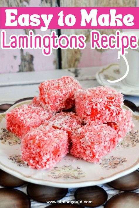 Pink Lamingtons Recipe, Lemmingtons Recipe Easy, Lemington Cake Recipes, Australia Desserts, Raspberry Lamingtons, High Tea Desserts, Lamington Cake Recipe, Lamington Recipe, Fancy Pastries