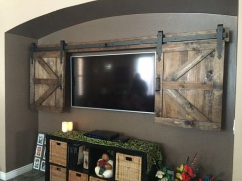 Barn Door Media Console, Barn Door Shutters, Hide Tv, Barn Door Cabinet, Sliding Shutters, Custom Barn Doors, Hidden Tv, Tv Covers, Rolling Barn Door