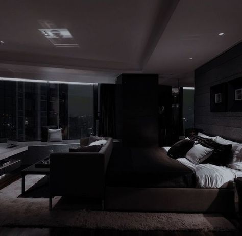 Black Mansion Bedroom, Black Luxury House, Mafia House Aesthetic, Mansion Background, Bedroom Aesthetic Dark, Penthouse Aesthetic, Penthouse Bedroom, Bedroom Luxury Design, Mansion Bedroom