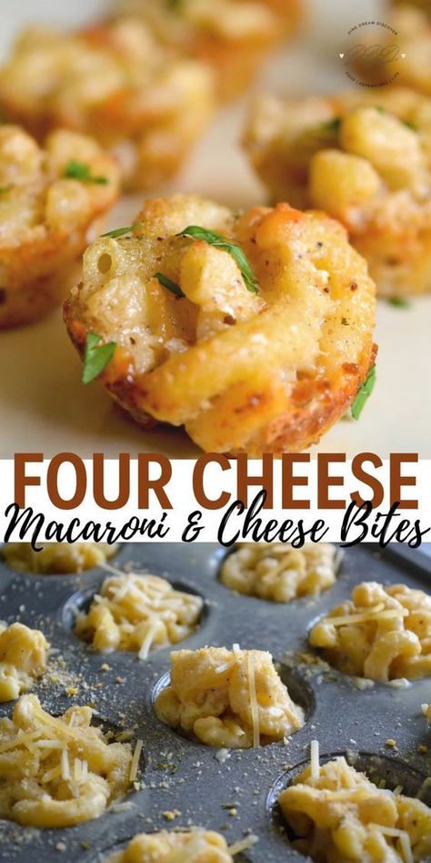 Four Cheese Macaroni & Cheese Bites Mini Macaroni And Cheese Bites, Mac And Cheese Mini Cups, Mac And Cheese Cups Easy, Mini Pasta Appetizer, Mini Mac N Cheese Bites, Pasta Starter Recipes, Cheese And Cracker Appetizers, Pasta Bites Appetizers, Macaroni Appetizers