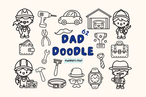 Dad Doodle is a playful and heartwarming font featuring hand-drawn illustrations inspired by fatherhood. With doodles of tools, ties, mustaches, and added mechanics, cars, and leather. Whether for Father’s Day cards or automotive-themed projects, this font captures the love and playfulness of fatherhood in a delightful and versatile way. Try before you buy Dad Doodle […] The post Dad Doodle Font appeared first on FreeFontDL. Calendar Doodles, Doodle Font, Monogram Tattoo, Postcard Mockup, Doodle Fonts, Commercial Fonts, Cartoon Background, Kawaii Doodles, Scary Art