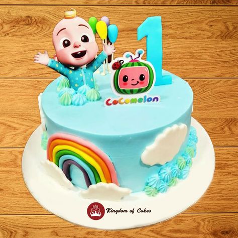 If you have a toddler in your house, you would have hum the tune of cocomelon for your toddler to make him feel happy. Inspired by the music ,The cake features singing watermelon characters full of fruits, blue sky with clouds,sky ,stars and a rainbow on the side. This tingling cake will glow the face of your baby child which will light the color of the house. Celebrate the glowing moments with the colorful smiling cocomelon cake. Delhi www.kingdomofcakes.in call +91 9999812200 Cartoon Character Cake Design, Simple Cocomelon Cake, Cocomelon Theme Cake, Cocomelon Theme, Cocomelon Cake, Cake Designs For Boy, Cartoon Birthday Cake, Second Birthday Cakes, Blue Sky With Clouds