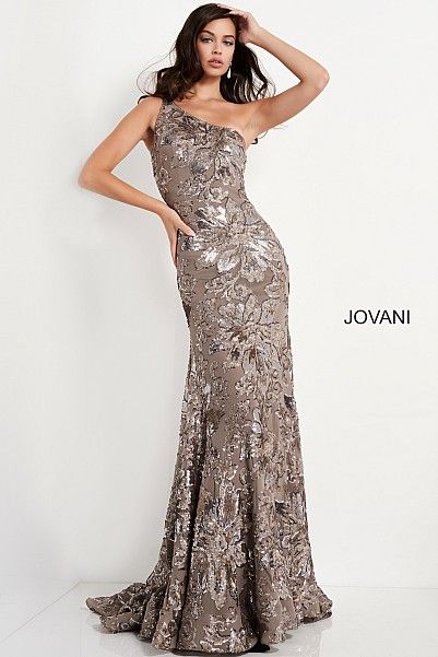 Jovani 5076 Taupe One Shoulder Sequin Evening Dress Fitted Homecoming Dresses, Informal Wedding Dresses, Long Sleeve Homecoming Dresses, Fitted Prom Dresses, White Homecoming Dresses, Long Formal Dress, Blue Homecoming Dresses, Prom Dresses Two Piece, Sequin Evening Dresses