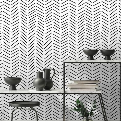 Geometric Wallpaper & Wall Murals • Wallmur® White Line Wallpaper, Black Design Wallpaper, Vintage Bathroom Wallpaper, Wallpaper Accent Wall Bathroom, Wall Dimension, Wallpaper Scandinavian, Line Wallpaper, Herringbone Wallpaper, Office Wallpaper