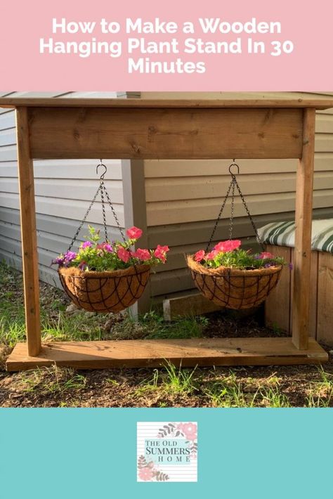 How to Make A Beautiful Wooden Hanging Plant Stand In 30 Minutes! 8 Hanging Plant Stand, Wooden Plant Stand, Vertical Garden Planters, Rustic Wooden Bench, Garden Boxes Raised, Diy Planter, Diy Planter Box, Vertical Garden Wall, Diy Raised Garden