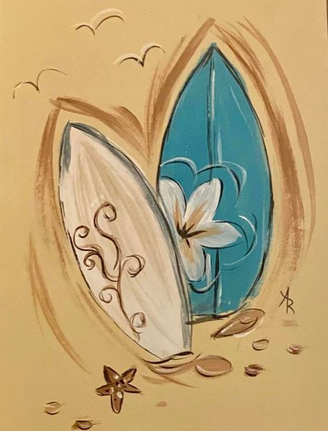 Surfboard card 5.5x8.5 acrylic Surfboard Easy Drawing, Summer Beach Painting Ideas, Surfboard Canvas Painting, Paintings With Seashells, Painting Ideas On Canvas Summer Vibes, Panel Art Ideas, Simple Surfboard Drawing, Water Paper Art, Surf Bored Design