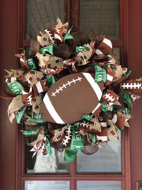 Football deco mesh wreath Football Wreath Diy Dollar Tree, Football Wreath Diy, Football Diy, Football Wreath, Door Hangers Diy, Football Decorations, Rag Wreath, Deco Wreaths, Wreaths And Garlands