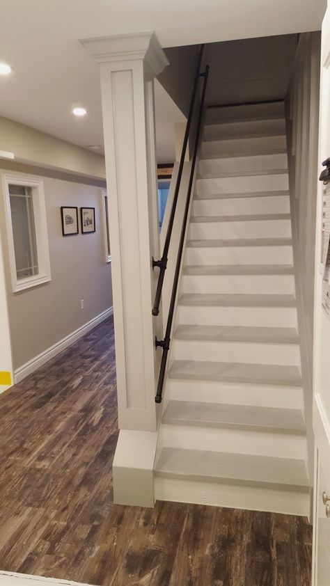 #makeover #renovation #homdecor Stair Railing Ideas Basement, Narrow Stair Railing Ideas, Enclosing Basement Stairs, Opening Up Basement Stairs, Basement Staircase Railing, Farmhouse Basement Stairs, Painting Basement Stairs Ideas, Narrow Basement Stairs, Open Stairwell Ideas