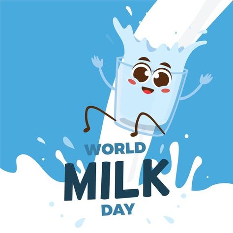 Flat world milk day illustration Free Vector World Milk Day, Inspirational Bulletin Boards, Vegan Latte, Chocolate Cow, Farm Cheese, Flat World, Day Illustration, Coffee Chocolate, Dairy Farms