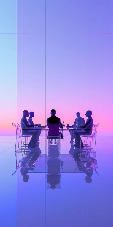 The image is a 3D rendering of a conference room. The room is lit by a purple light, and the walls and floor are made of glass ->> more details in ai-img-gen.com Business Suits, People Sitting, Purple Light, Conference Table, Business People, 3d Rendering, Helsinki, Art Images, Conference Room