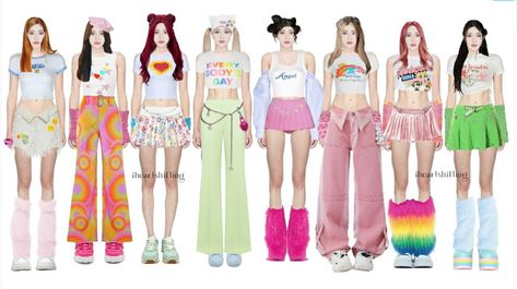 Cute Kpop Outfits Stage, 8 Member Girl Group, 8 Member Girl Group Outfits, 2000s Theme, Bubbles Wallpaper, Clothes Organization, Performance Outfit, Kpop Outfits, Stage Outfits