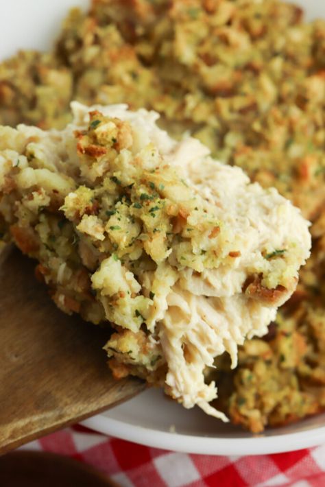 Easy Chicken and Stuffing Casserole - BubbaPie Stovetop Stuffing Chicken, Shredded Chicken Casserole, Stove Top Stuffing Recipes, Dressing Casserole, Chicken And Dressing, Chicken And Dressing Casserole, Recipes Using Rotisserie Chicken, Chicken Stuffing Casserole, Chicken And Stuffing