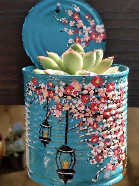 Painted Tin Cans, Tin Can Art, Aluminum Can Crafts, Painted Pots Diy, Tin Can Crafts, Decorated Flower Pots, Small But Mighty, Diy Jar Crafts, Painted Flower Pots