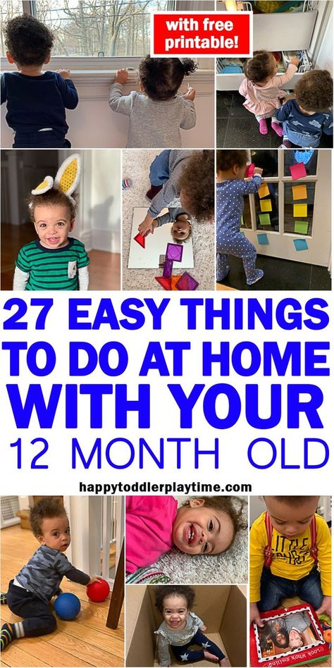 27 Easy Things to Do at Home With Your 12 Month Old – HAPPY TODDLER PLAYTIME Here is an amazing list of easy activities to do at home with your 10 to 14 month old baby. It includes a free printable of the list that you can stick on your fridge! Activities For One Year Olds, At Home Activities, Crafts By Month, Baby Play Activities, Baby Learning Activities, Things To Do At Home, Easy Activities, Toddler Play, Toddler Learning Activities