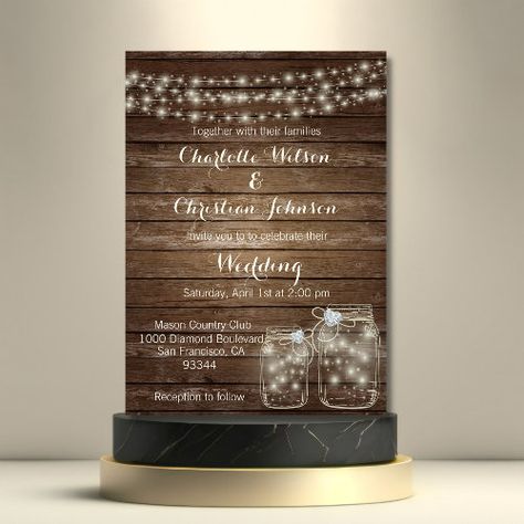 Rustic Wood Country Mason Jar Lights Wedding Invitation #zazzle #weddinginvitations #birthdayinvitations #babyshowerinvitations #zazzleinvitations #monogram #businesscards #graduation #homedecor Mason Jar Lights Wedding, Country Wedding Theme, Jar Lights Wedding, Mason Jar Lights, Wood Invitation, Country Theme Wedding, Lights Wedding, Mason Jar Lighting, Beautiful Wedding Invitations