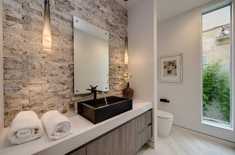 Modern master bathroom with luxury pendant lights Powder Room Pendant, Houzz Bathroom, Modern Powder Rooms, Modern Powder Room, Brick Accent Walls, Arizona Tile, Stone Accent Walls, Bathroom Accent Wall, Design Home App