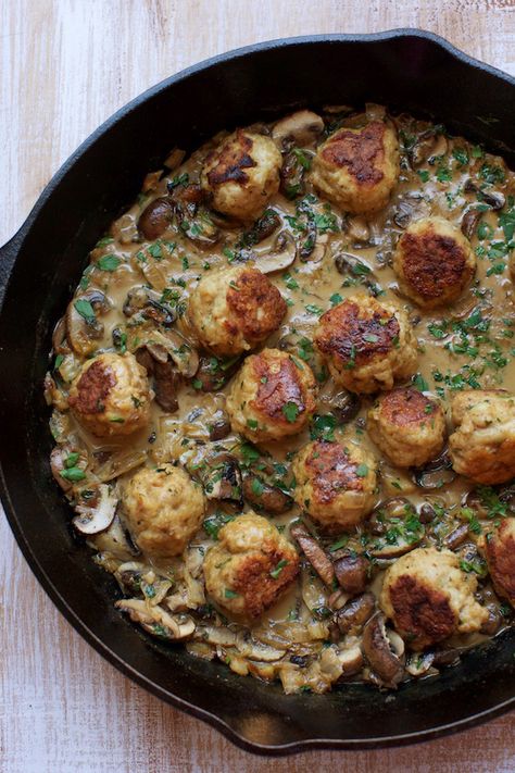 Turkey Meatballs in Cream of Mushroom Sauce:  This hearty meal comes together in about a half hour and tastes like a gourmet dish you would get at a restaurant, but without the big price tag and fuss. You can serve on it’s own or with a carb or starch. Great for those busy weeknights and for entertaining your closest friends. Cream Of Mushroom Sauce, Mushroom Meatballs, Ground Turkey Meatballs, Mushroom Sauce Recipe, Pork Chicken, Cream Of Mushroom Soup, Cream Of Mushroom, Hearty Meal, Turkey Meatballs