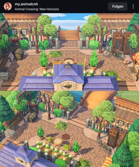 Animal Crossing Museum Inspiration, Acnh Information Center, Animal Crossing Neighborhood Ideas Cottagecore, Town Hall Ideas Animal Crossing, Acnh Plaza Entrance, Plaza Ideas Animal Crossing, Jardin Animal Crossing New Horizon, Acnh Money Tree Ideas, Acnh Landscaping Ideas