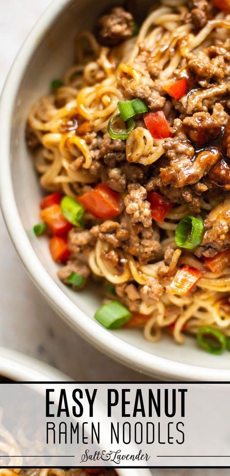 closeup of two bowls of noodles with text overlay that reads easy peanut ramen noodles Beef Ramen Noodle Recipes, Beef Ramen Noodles, Beef Ramen, Ramen Noodle, Ground Beef Recipes For Dinner, Noodle Bowl, Recipes For Dinner, Beef And Noodles, Beef Recipes Easy