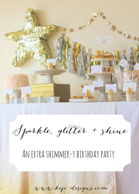 a glitter party for our sparkle girl Sparkles Birthday Party Theme, Glitter First Birthday Party, Shiny Birthday Party, Glitter And Sparkle Birthday Party, Toddler Golden Birthday Girl, Sparkle And Shine Birthday Party, Sparkle Birthday Party Theme, Sparkle Party Theme, Golden Birthday Themes