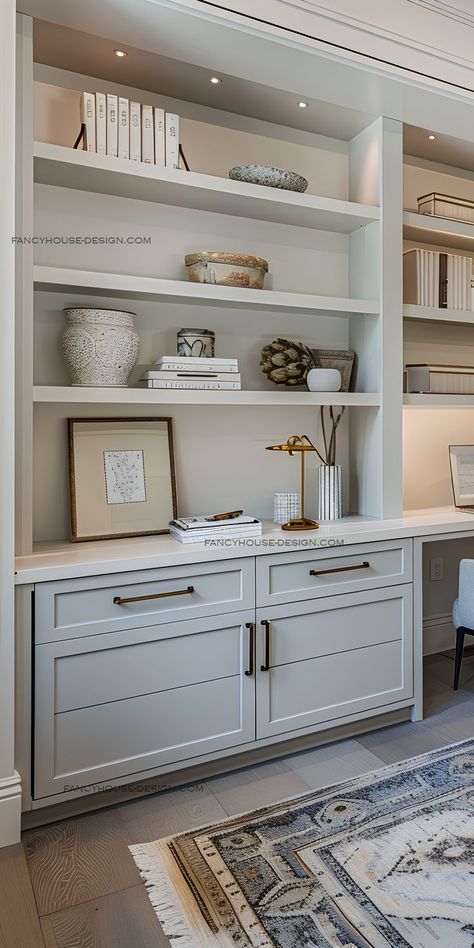 An organized home office features a desk and a small sitting area for comfort. The home office design includes built-in cabinets and a cozy sitting spot. Diy Built In Desk, Home Office With Built Ins, Organized Home Office, Built In Desk And Shelves, American Style Homes, Home Office Interior Design, Storage Seating, Home Office Built Ins, Home Office Interior