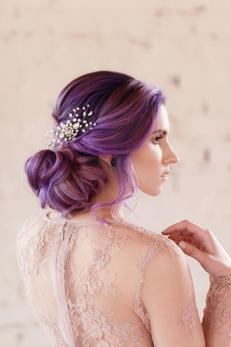 Lavender bride by Kristen @lapomponnee Lavender Bride Makeup, Purple Hair Wedding Hairstyles, Purple Wedding Hair Hairstyles, Lavender In Hair Wedding, Purple Hair With Lavender Front Pieces, Loose Chignon, Bridal Hair Down, Chignon Hair, Violet Hair