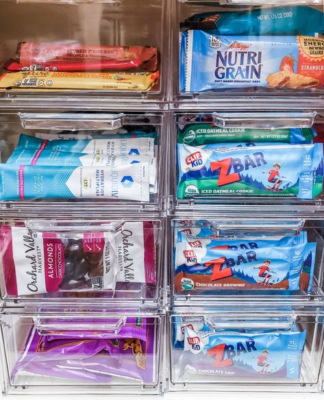 👏We're loving these stacking fridge bins in pantries (and craft rooms and playrooms...) as they help maximize space especially when fixed shelves are far apart and we have lots of small things that need homes. 🙌They tend to be perfect for protein bars, individually wrapped snacks, small items – and we recommend keeping restocking nearby! ✨Even though they're labeled as fridge bins, we like to think outside the box and see how we can use products for our needs – not what it says it's for. Fridge Bins, Cabinet Fridge, Pantry Containers, Acrylic Containers, Snack Organizer, Pull Out Drawer, Stackable Bins, Affordable Storage, Fridge Organisers