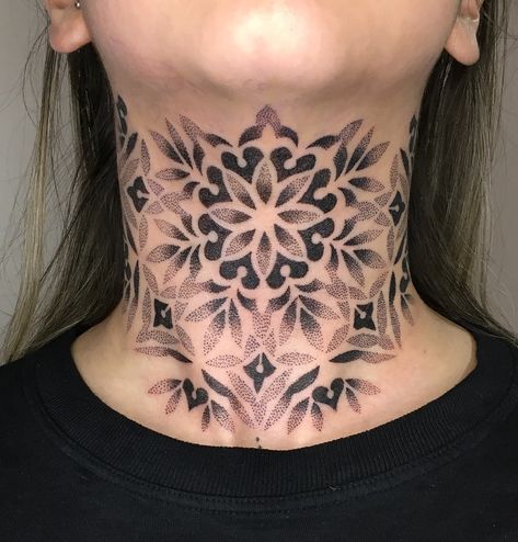 Full Back Tattoo Women Cover Up, Mandela Neck Tattoos Women, Neck Tattoos Women Color, Neck Tattoos Women Mandala, Throat Mandala Tattoo, Girly Throat Tattoo, Dot Work Neck Tattoo, Ornamental Throat Tattoo, Middle Of Neck Tattoo