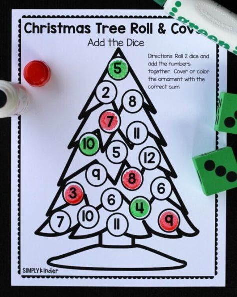 Christmas Tree Roll & Cover Christmas Math Games - Simply Kinder Christmas Tree Activity For Kids, Christmas Math Games First Grade, Roll A Tree Dice Game, Grinch Math Activities Kindergarten, Christmas Math Activities Kindergarten, Roll A Christmas Tree, Christmas Tree Math, December Centers, Christmas Math Games