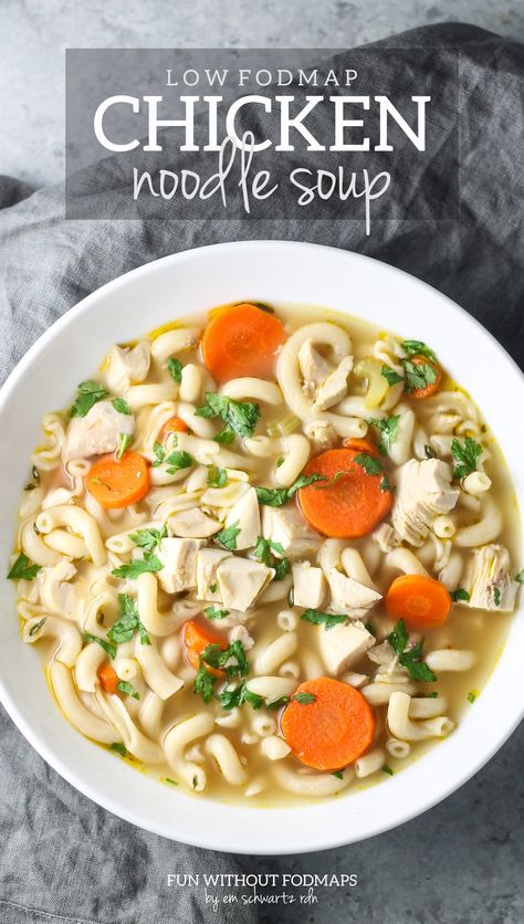 Cozy up to a bowl of this comforting Low FODMAP Chicken Noodle Soup. This easy recipe uses just 8 ingredients, including whole-grain brown rice pasta, and is ready in about 30 minutes. #lowfodmap #onionfree #chicken #soup Chicken Noodle Soup Rotisserie, Fodmap Chicken, Fodmap Recipes Dinner, Low Fodmap Chicken, Low Fodmap Recipes Dinner, Fodmap Meal Plan, Chicken Noodle Soup Crock Pot, Low Fodmap Diet Recipes, Brown Rice Pasta