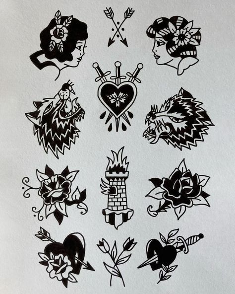 Small New School Tattoo Designs, Tattoo Ideas American Traditional Black, Small Black Traditional Tattoo, Traditional Sticker Tattoo, Woman With Afro Tattoo, Traditional Style Tattoo For Women Black And White, Black And White Traditional Tattoo Flash, Black And White Traditional Tattoo Women, Flash Tattoo Designs Traditional