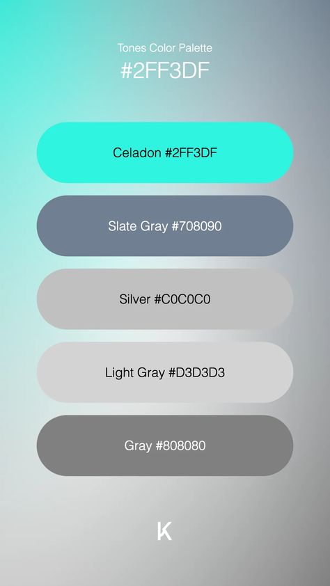 Tones Color Palette Celadon #2FF3DF · Slate Gray #708090 · Silver #C0C0C0 · Light Gray #D3D3D3 · Gray #808080 Grey Branding, Celadon Color, Gray Hex, Hex Color Palette, Pale Turquoise, Hex Colors, Blue And Grey, Slate Gray, House Stuff